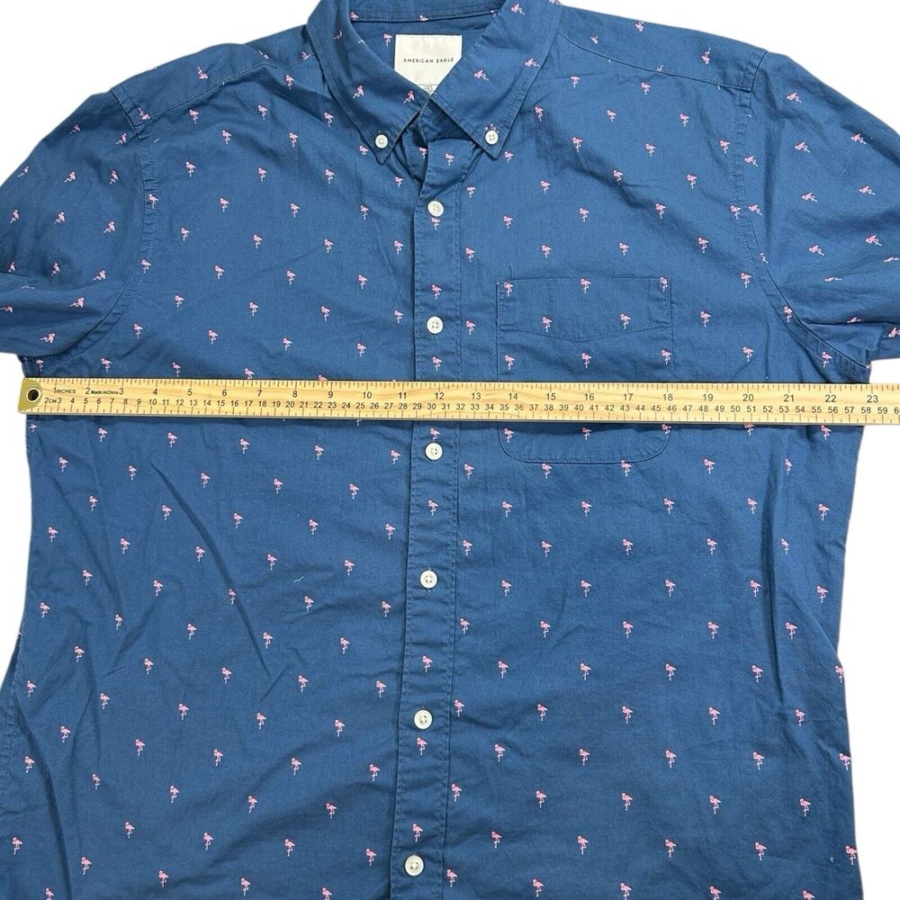 American Eagle L Blue Flamingo Print Button Up Shirt 100% Cotton Business Casual - Picture 5 of 8